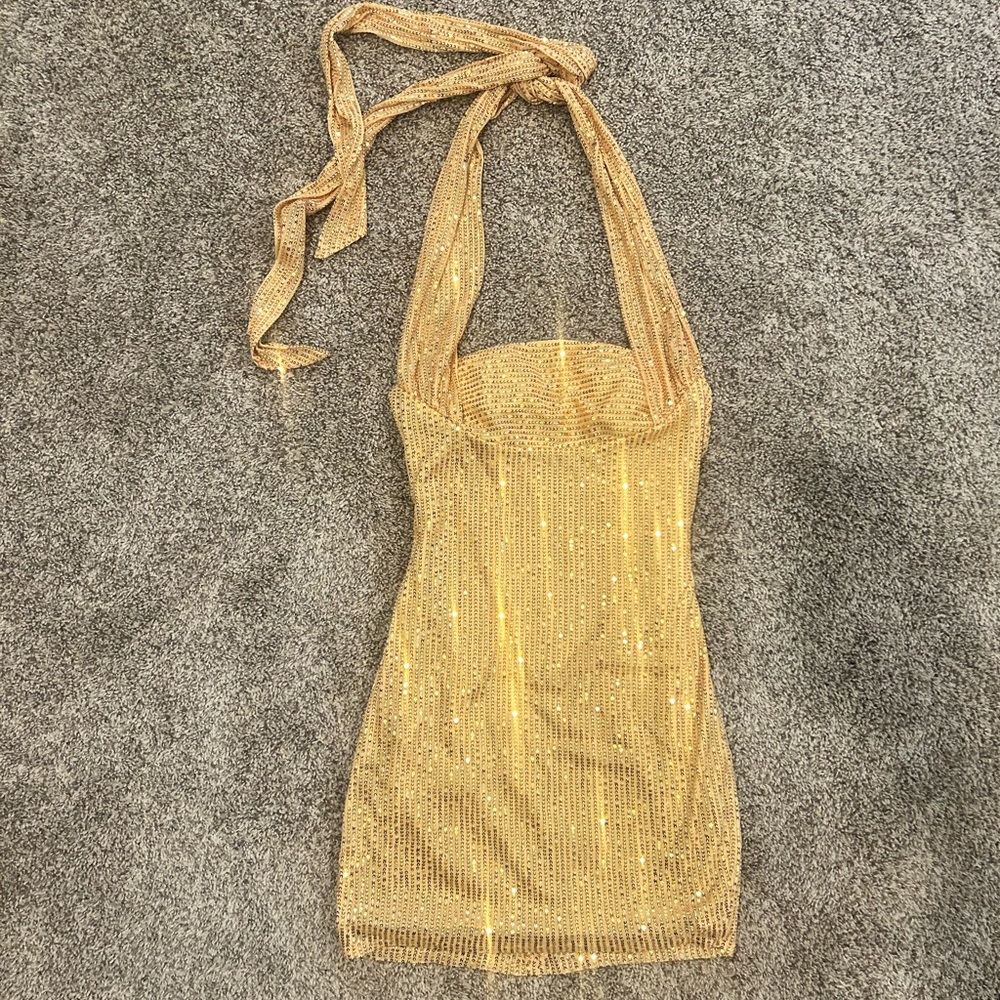 Amazon Gold Sequin Tie Halter Mini Dress for teens